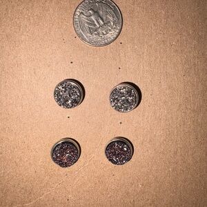 Round Druzy Stud Earrings Set - Silver and Deep Purple